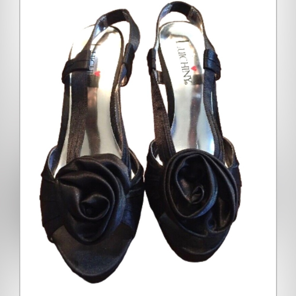 Luichiny Spark It Black‎ High Heel Sling back 9M Fabric Satin Rose Leather Sole